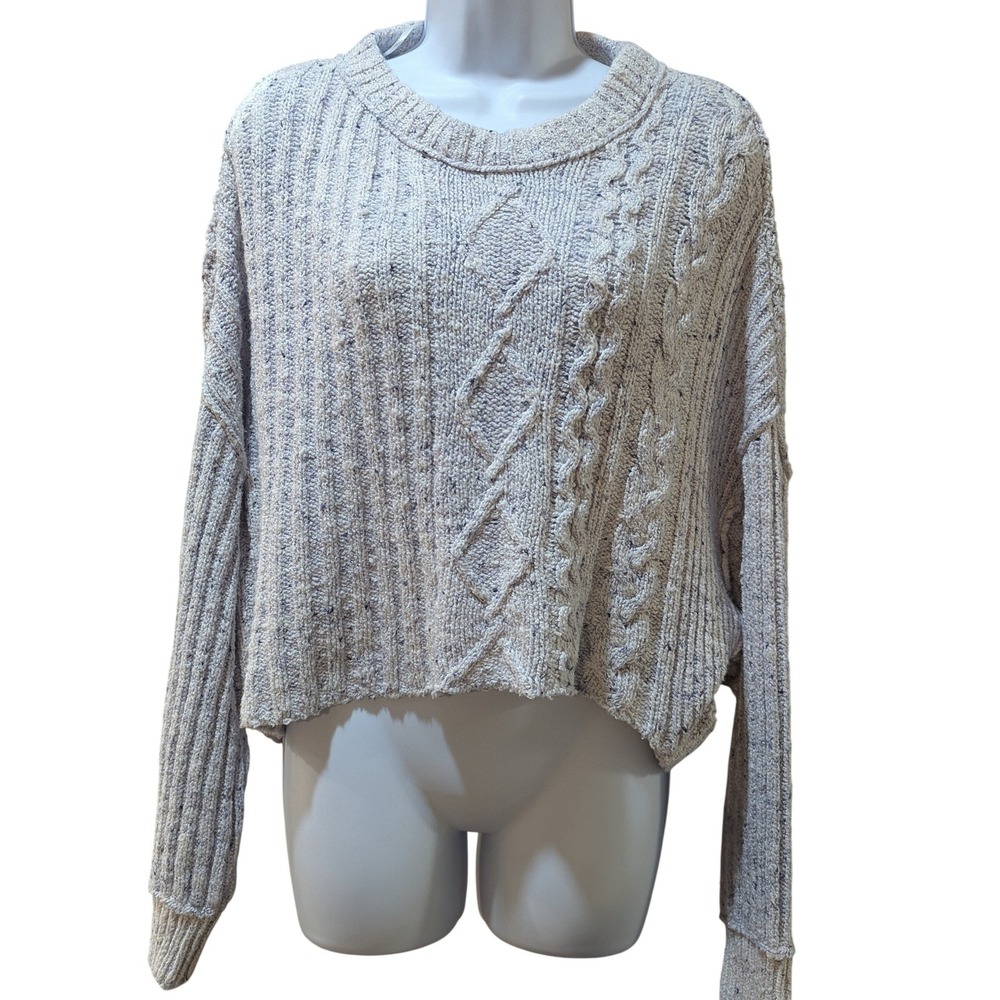 Free People Cropped Cable Knit Sweater Women's Size L Cozy Textured Pullover